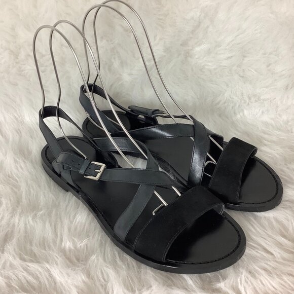 Cole Haan Black Leather & Suede Criss Cross Buckle Flat Sandals NWOB 10 - Picture 1 of 5